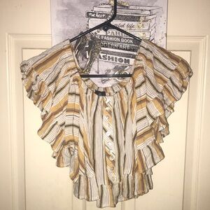 Angie Brand Size Medium Yellow Tan Blue Stripped Ruffled Crop Top